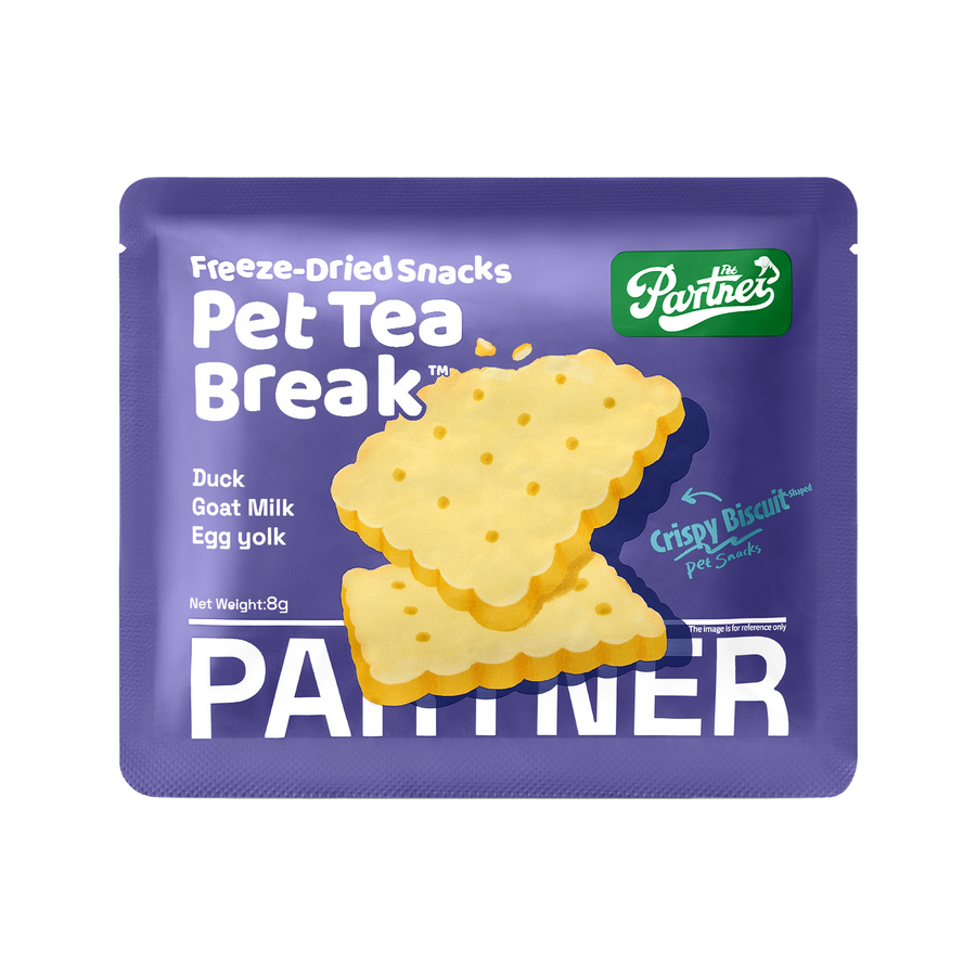 PARTNER It's Tea Time biscuit freeze-dried treats, individual sachet shown; sold as a box of 12