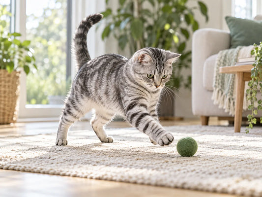 A silver tabby cat playing with a green ball