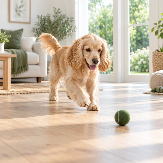 A playful cream-colored dog at home with a green ball