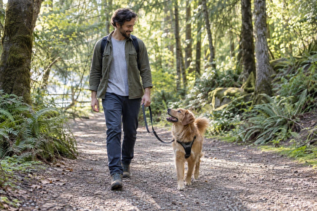 A dog and person enjoying a walk in a green woodland