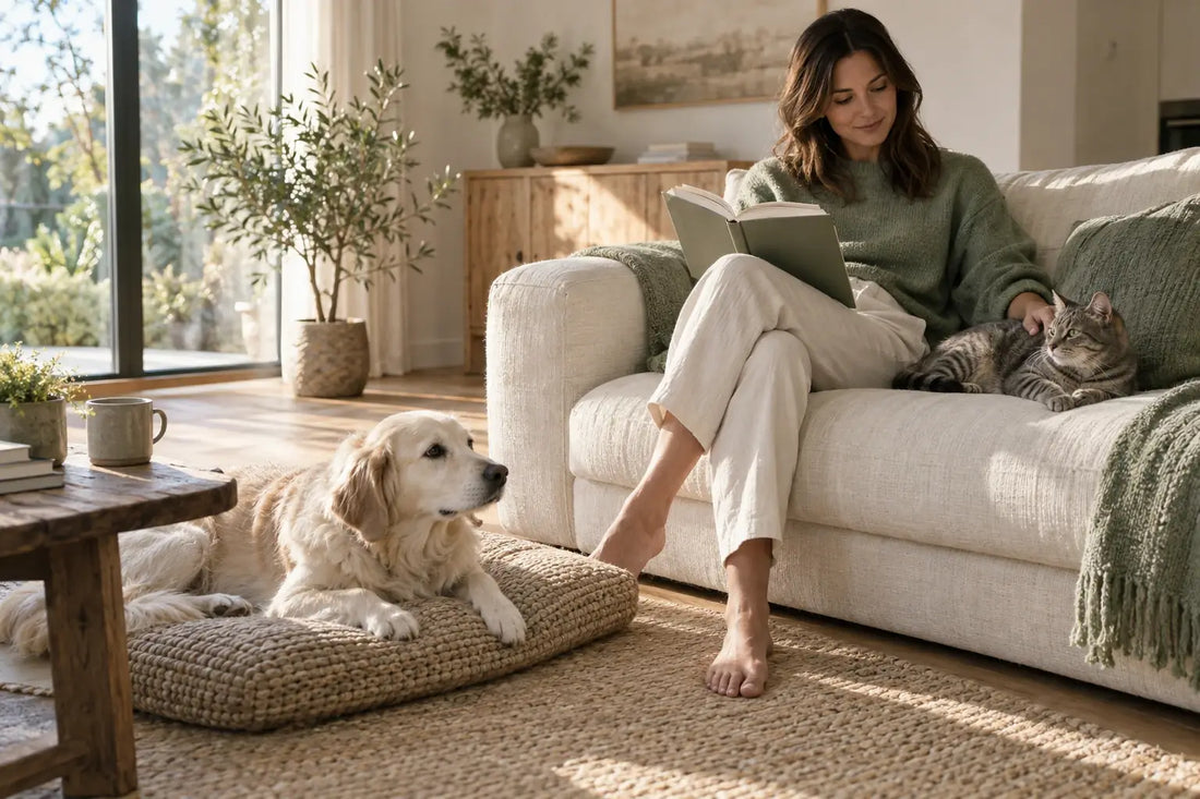 A person, cat and dog sharing a calm moment at home