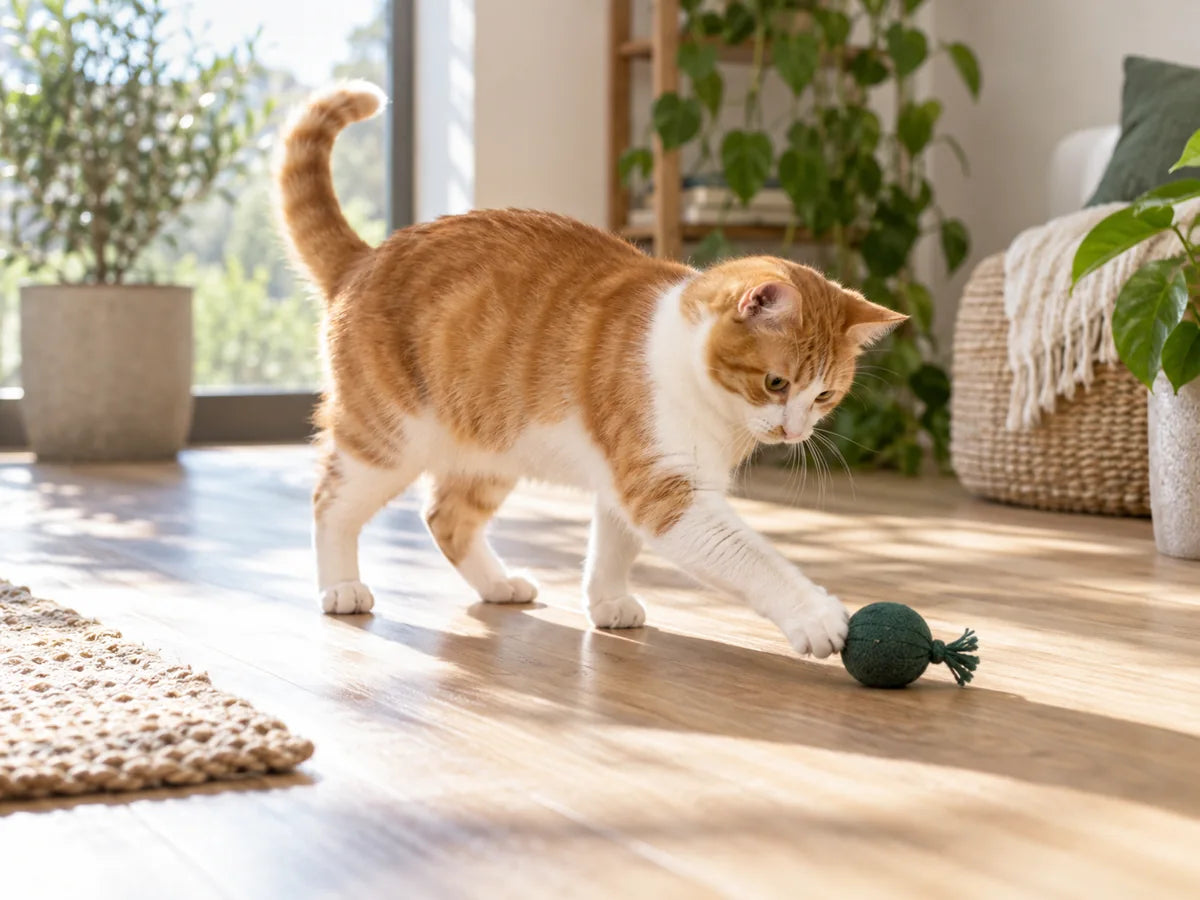 An orange and white cat playing in a sunlit home.