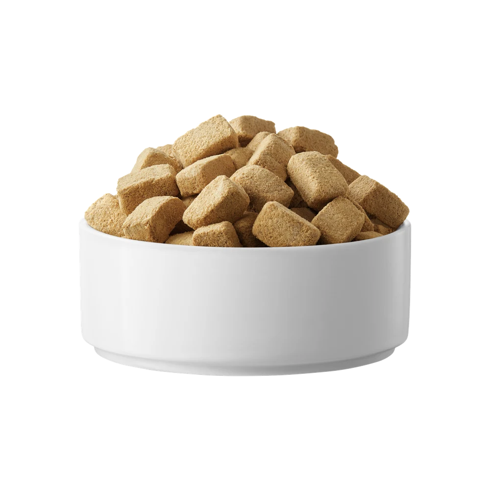 Actual PARTNER chicken freeze-dried pieces in a white bowl.