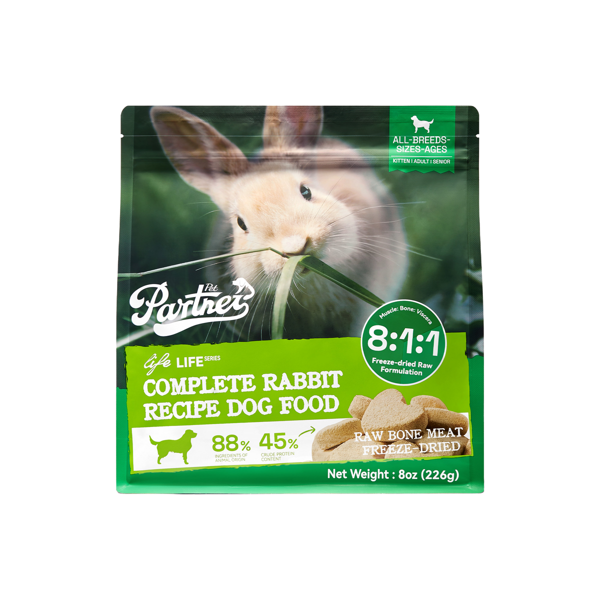 PARTNER Rabbit Recipe Freeze-Dried Raw Dog Food, real 8 oz package front