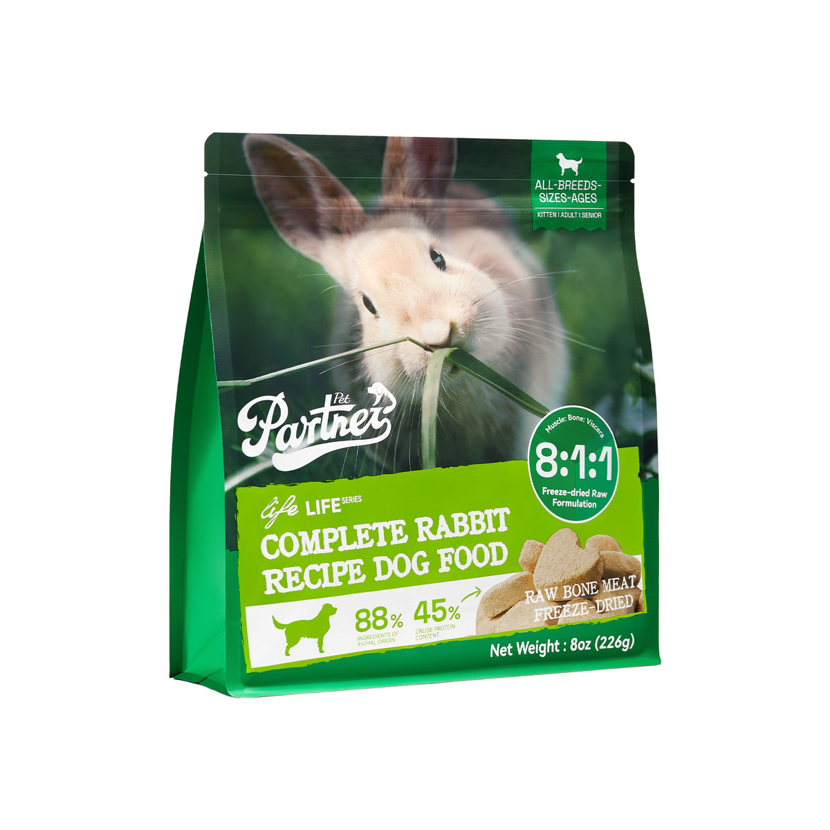 PARTNER Rabbit Recipe Freeze-Dried Raw Dog Food, original English 8 oz package photographed from the left