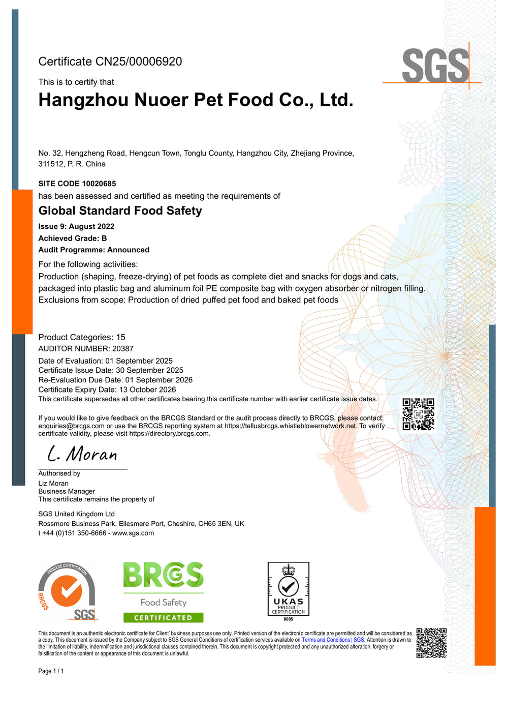 Full original BRCGS certificate CN25/00006920, Hangzhou Nuoer Pet Food, with dates and scope visible.