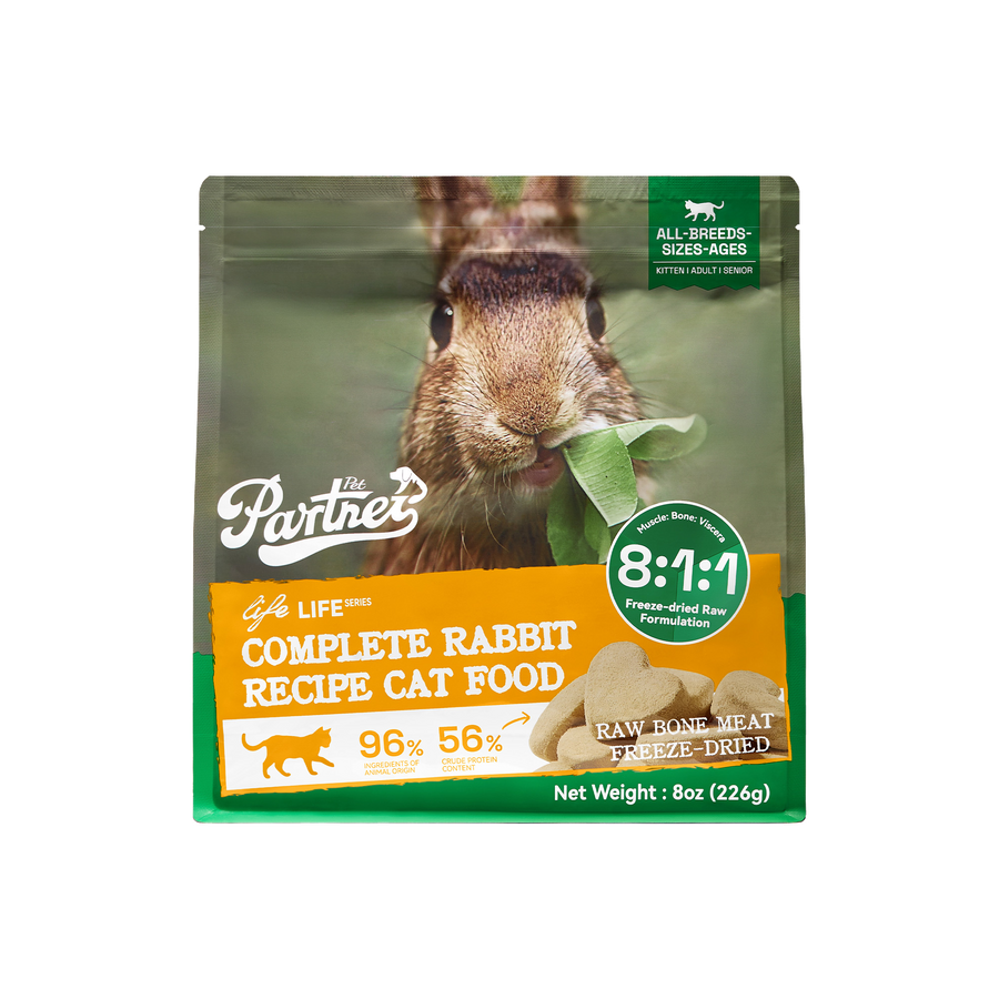 PARTNER Rabbit Recipe Freeze-Dried Raw Cat Food, 8 oz bag, real front packaging