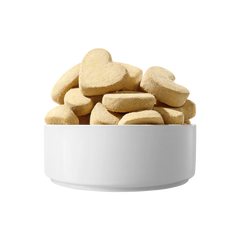 Real heart-shaped PARTNER rabbit freeze-dried pieces in a white bowl