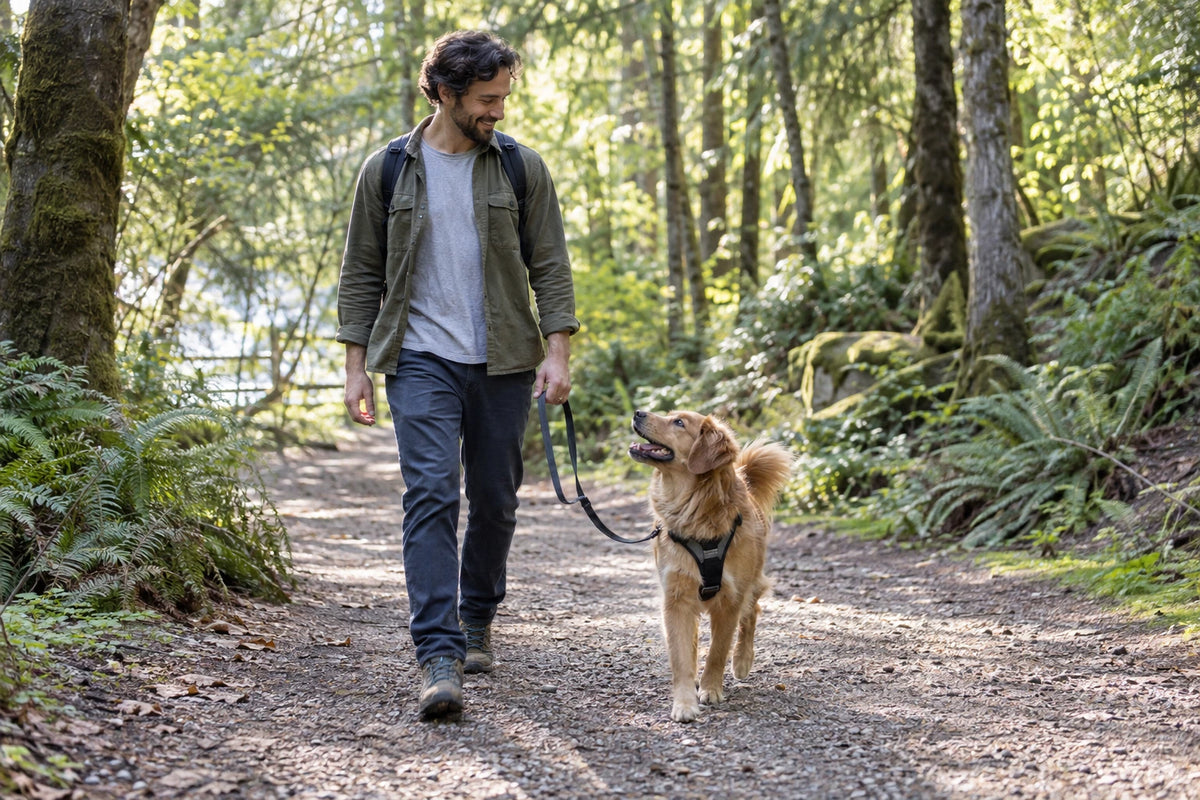 A person and dog enjoying a calm walk along a woodland path