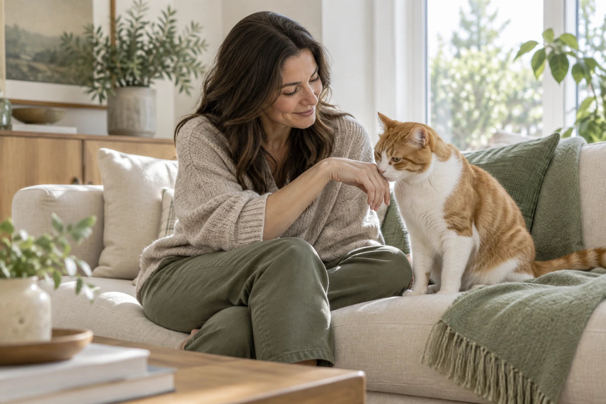 A woman quietly connecting with a cat in a sunlit home