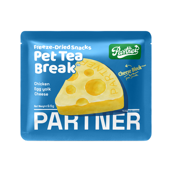 PARTNER It's Tea Time cheese freeze-dried treats, individual sachet shown; sold as a box of 12