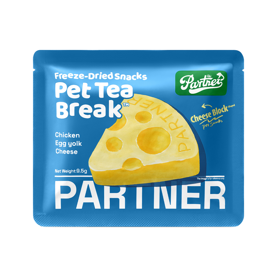 PARTNER It's Tea Time cheese freeze-dried treats, individual sachet shown; sold as a box of 12