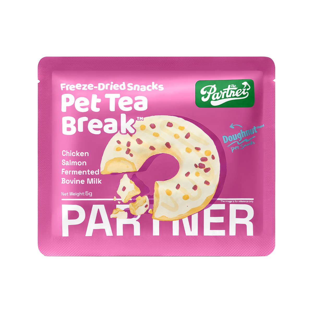 PARTNER It's Tea Time donut freeze-dried treats, individual sachet shown; sold as a box of 12