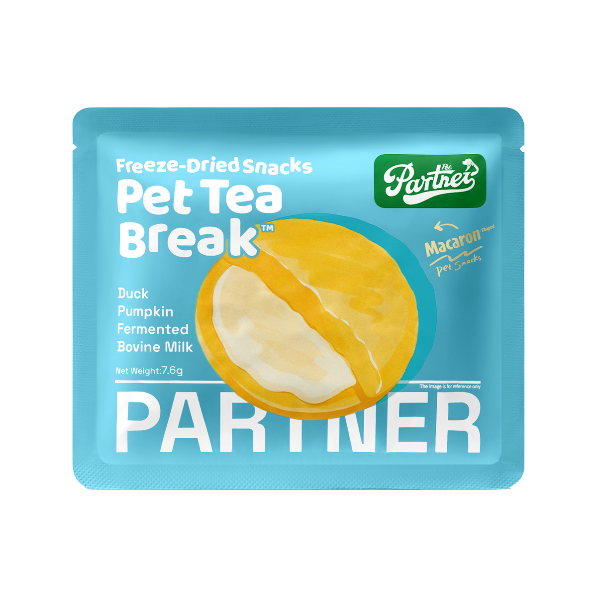 PARTNER It's Tea Time macaron freeze-dried treats, individual sachet shown; sold as a box of 12